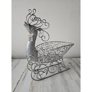 Pier 1 glitter vintage reindeer sleigh RARE large basket decor unique silver new